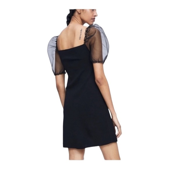 ZARA Black Sheer Puff Sleeve Bodycon Mini Dress Small Blogger Favorite - Picture 12 of 14